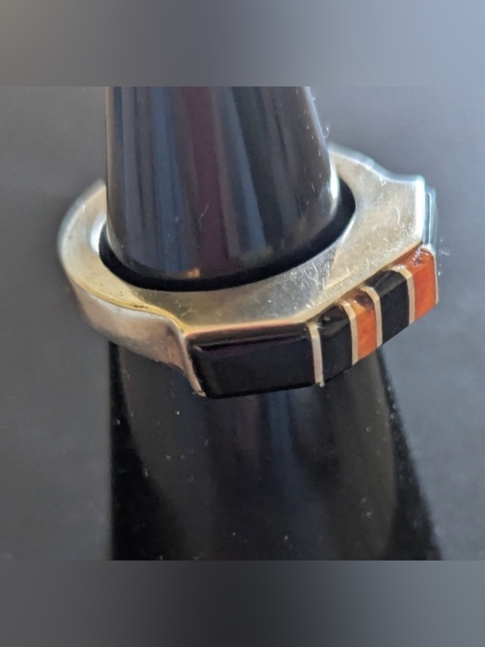 Native American Coral and  Onyx Vintage Band Ring